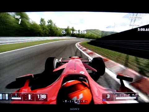 THIS IS THE FIRST EVER RECORDED SUB-5 MINUTE LAP (in GT5) FOR THE STOCK F2007 on the most challenging track in the world - NÃ¼rburgring Nordschleife. Date and time of accomplishment: December 8 2010 - 18:32:40 The car is stock and not modified in any way. Setup: G25 Stock Ferrari F2007 Formula 1 car Manual pedal shifting; ABS: 1 TC: OFF Everything else OFF Soft Racing Tyres The F1 used in this video is exported from the PSP GT, and because of that it's a standard vehicle. The F2007 in the game is PREMIUM.