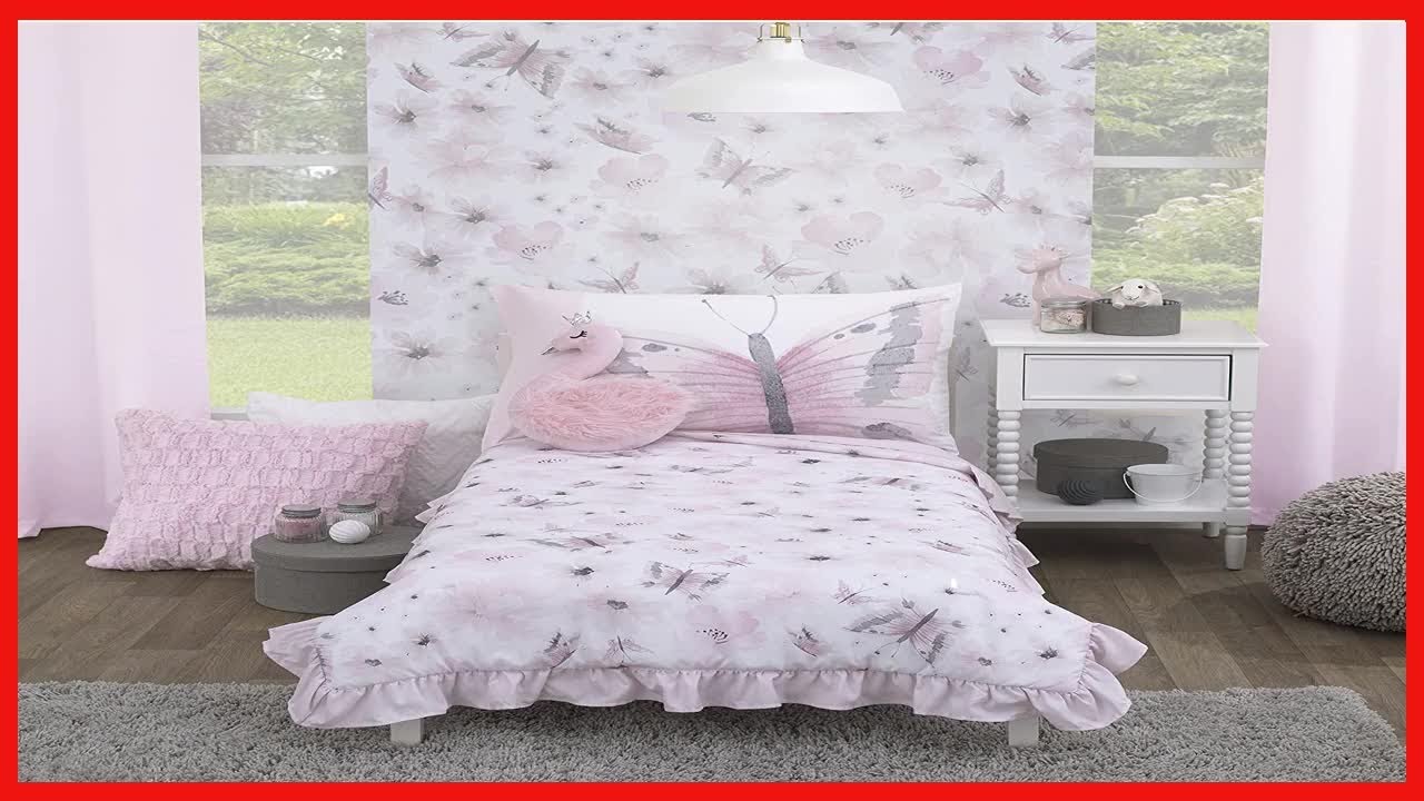 Everything Kids Floral Butterfly Pink, White, & Gray 4Piece Toddler Bed Set - Comforter, Fitted