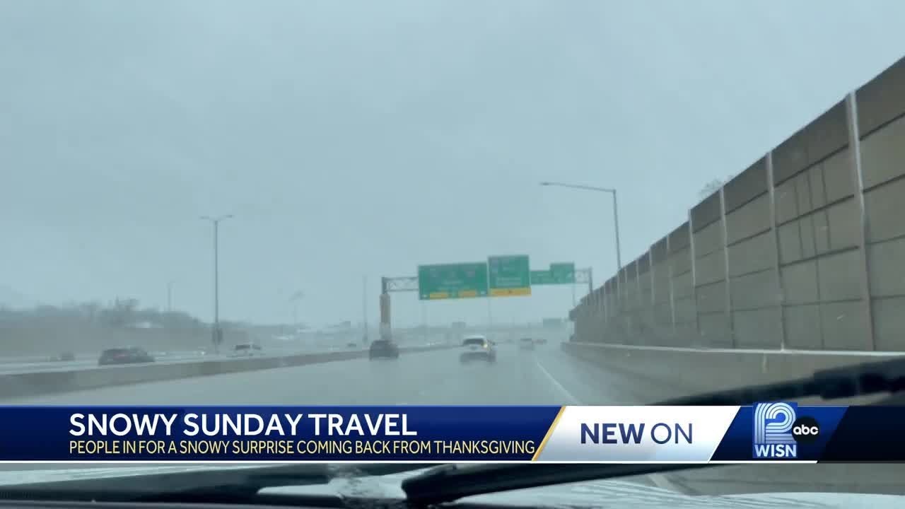 Sunday snow makes for slick roads and runways on busy travel day - YouTube