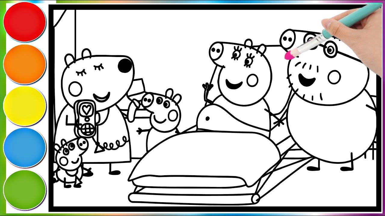 Peppa Pig visiting her pregnant mother in the hospital || Learn to color a Peppa Pig page for kids
