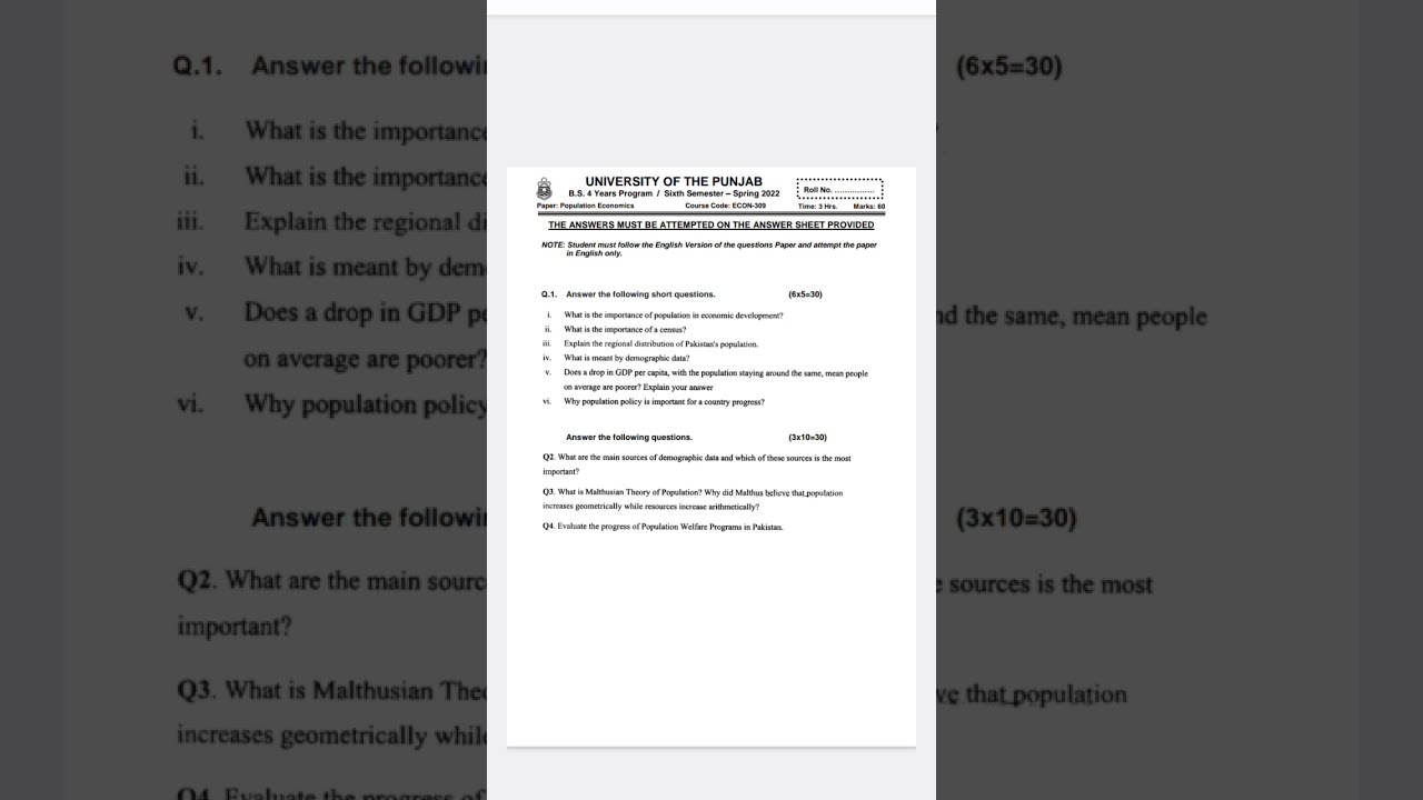 past paper of population economics of 6th semester 2022 ECON-309 
