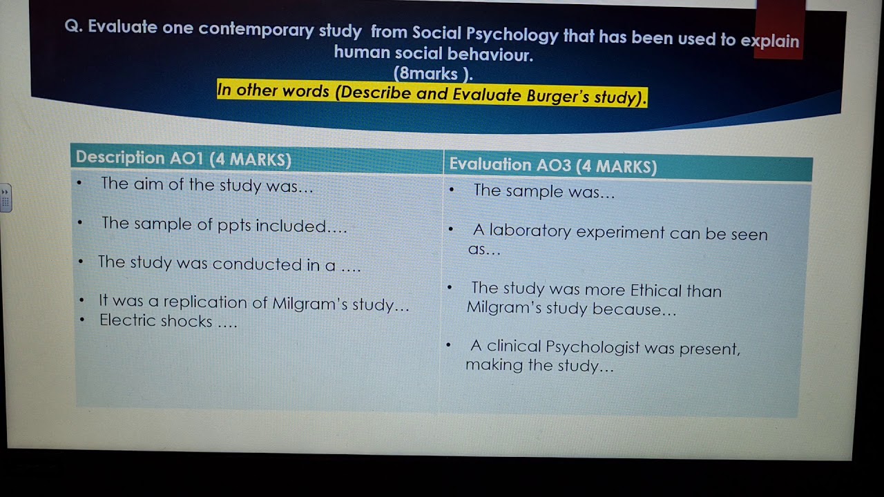 Planning and answering an 8 mark question on a classic study (Burger ...