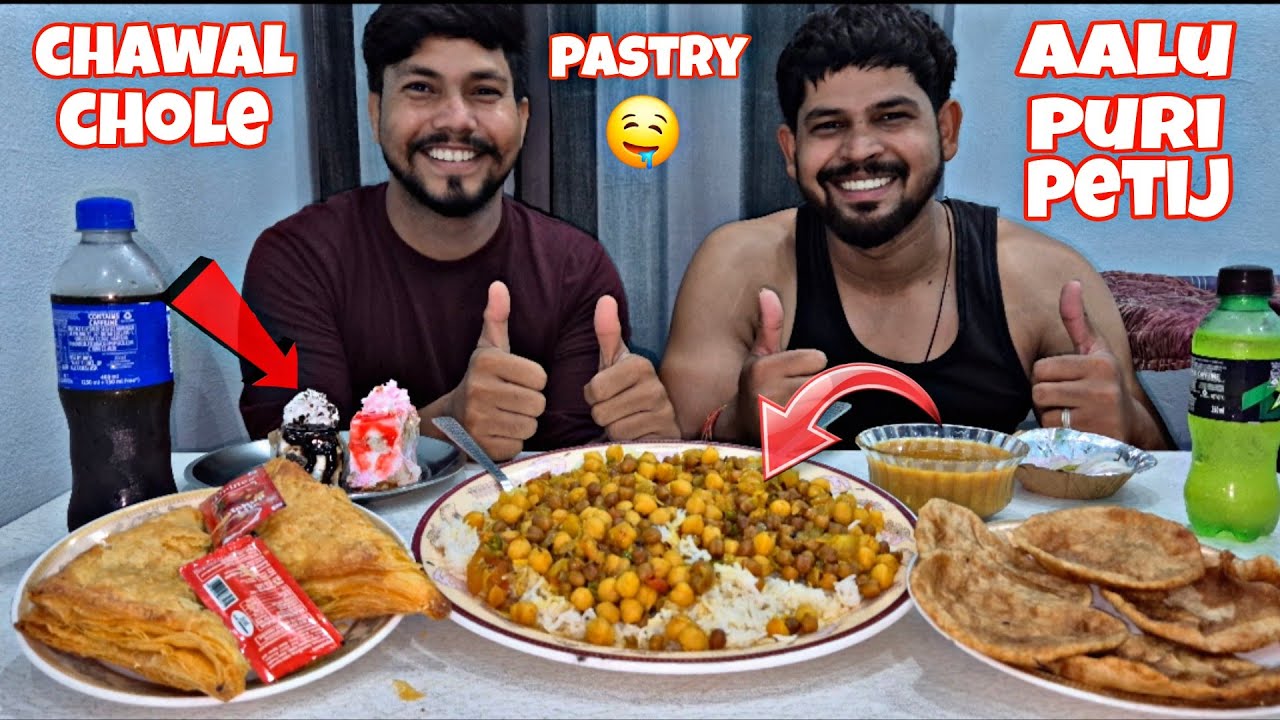 INDIAN SPICY CHOLA CHAWAL, AALU PURI, AALU PETIJ, PASTRY AND COLD DRINK ! MUKBANG!