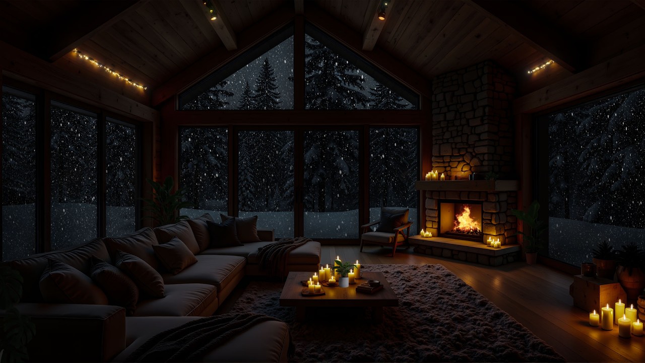 Relaxing Winter Snowfall with Soft Piano Music • Fireplace Sounds for ...