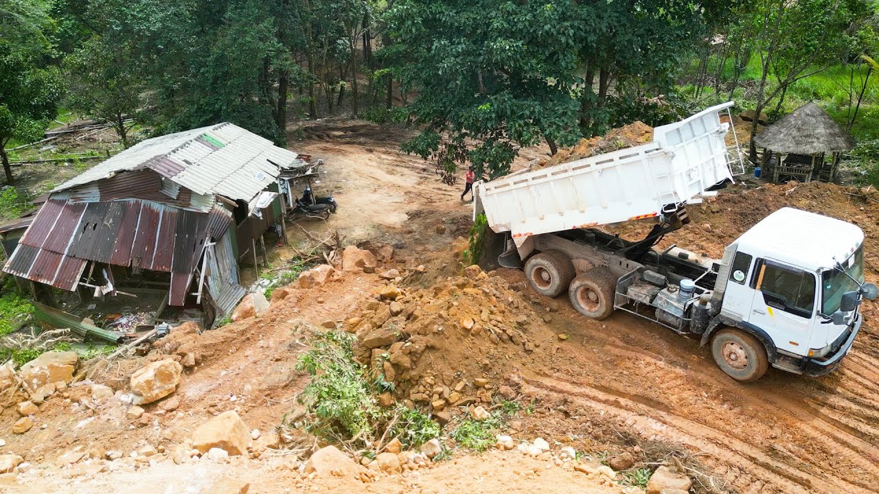 Amazing! Land filling on the Mountain, Skills 10 Wheels Trucks Unloading Stone & Dozer D41P Pushing