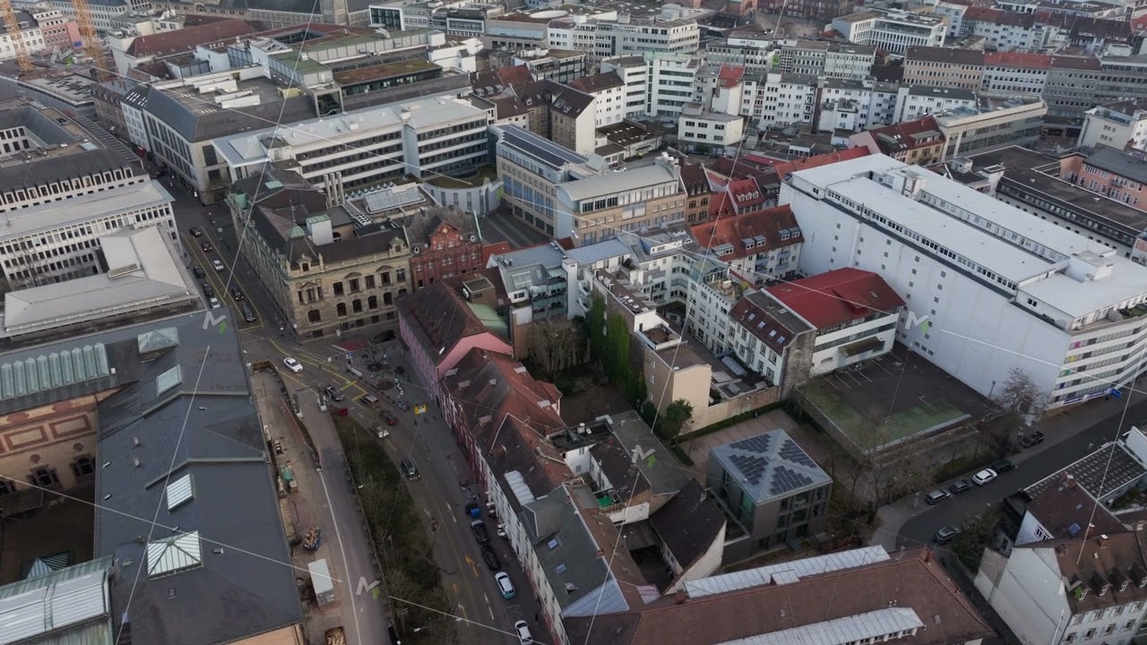Tripod high angle aerial view of cityscape of Karlsruhe, Germany. City center showing urban