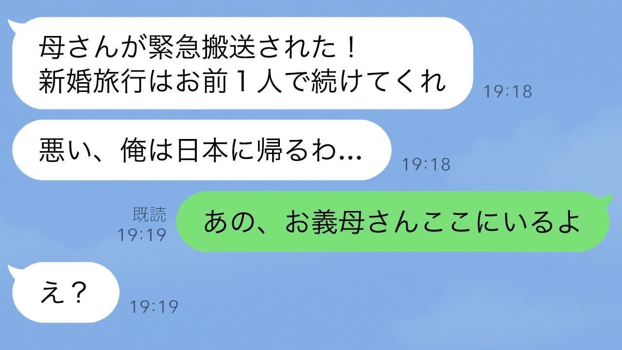 新婚旅行で旦那に置き去り…『母が危篤で帰る』と言われた3分後、義母が現れて「私も行くわ」って何それ？
