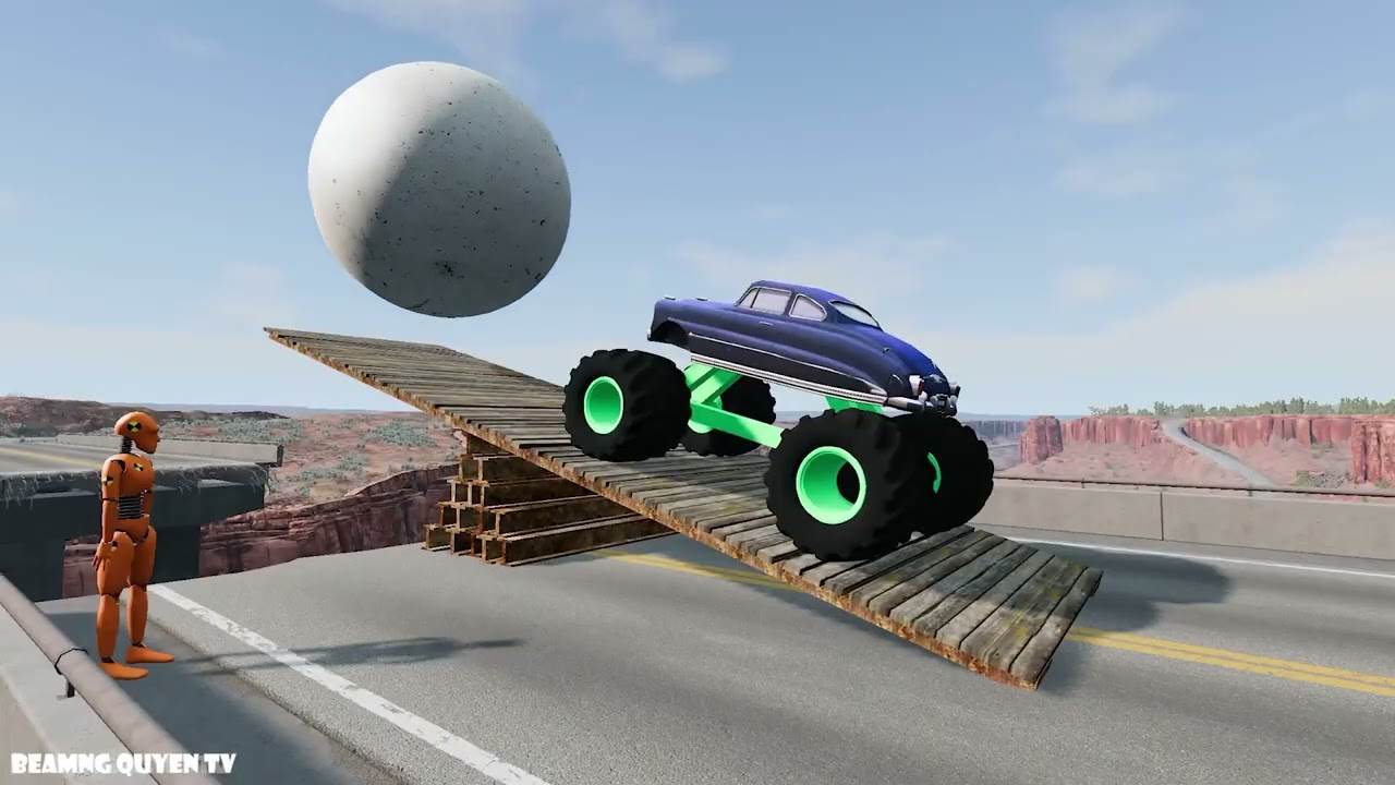 Экспериментальная катапульта для запуска автомобилей — Машины против сломанного моста — BeamNG.Drive