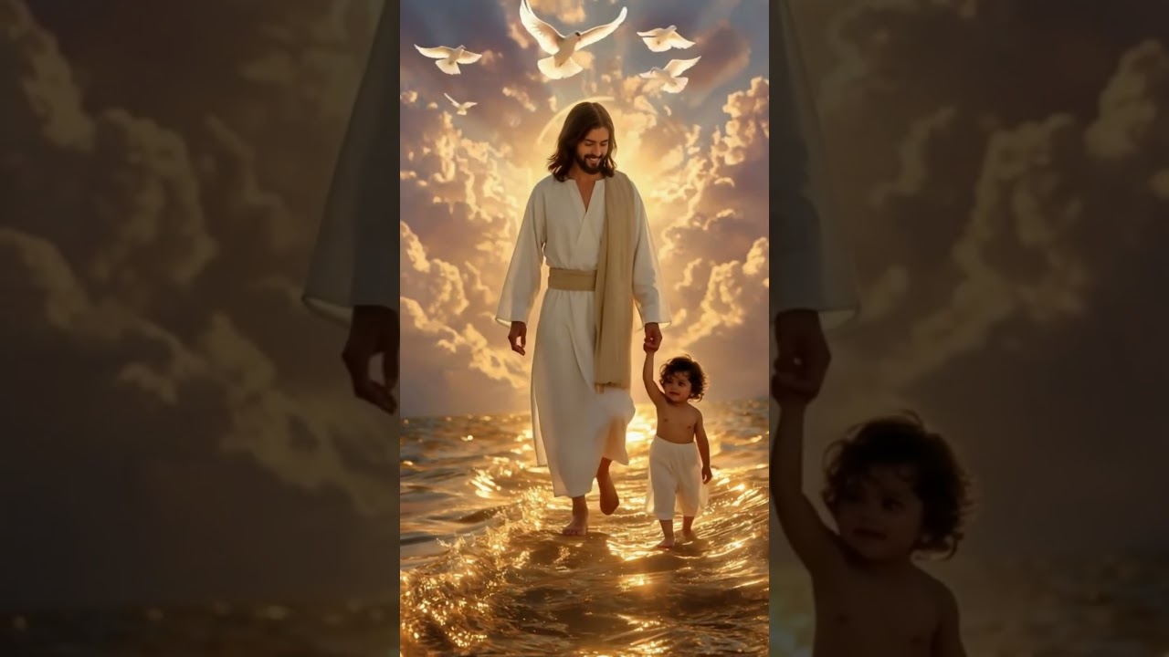 Jesus Walking Hand in Hand with Baby