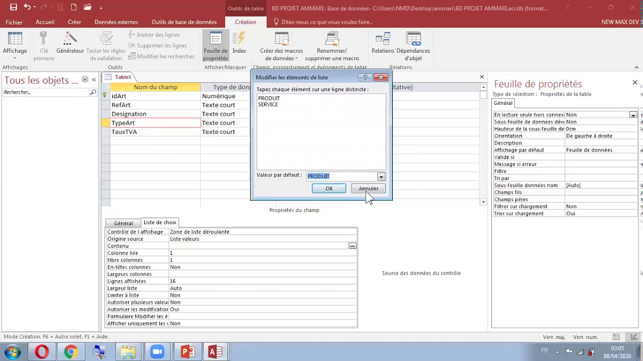 Projet d'application de bureau Access 