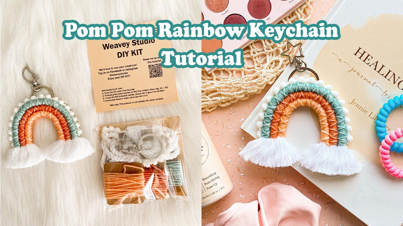 Pompom Rainbow keychain TUTORIAL #4, DIY for macrame beginners, Cross  pattern