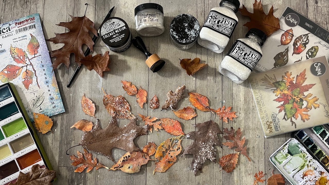 Frosted Leaves - Tim Holtz glitter with stamps, diecuts and real leaves