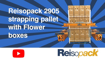 Strapping pallets of flowerboxes with the Reisopack 2905 horizontal strapping machine.