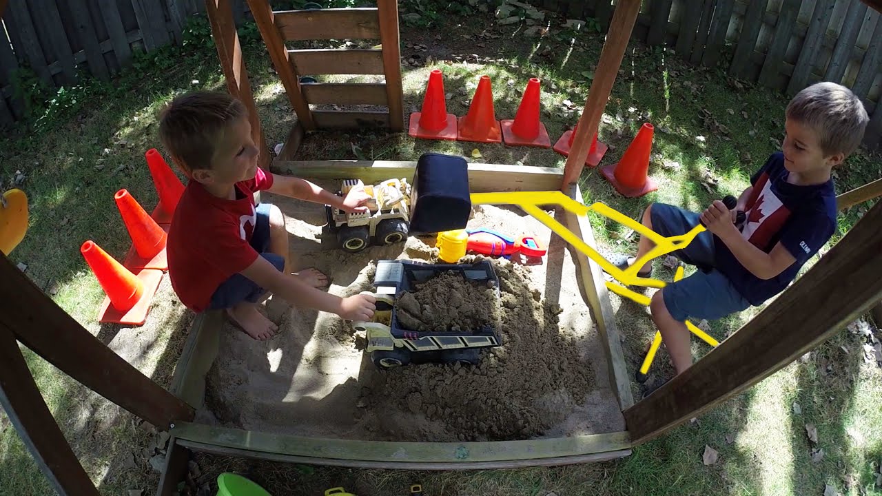 Kids playing in Sandbox with Tractors 16 minutes long! GoPro! YouTube