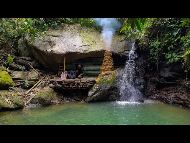 Building Complete Survival Bushcraft Shelter under big rock, Start To Finish / King Of Satyr class=