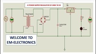 REGULATION OF POWER SUPPLY VOLTAGE FROM 240V TO 5V. SIMULATION  DONE BY PROTEUS AND IC 7805
