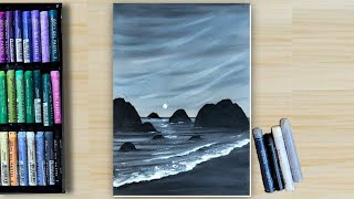 Tricks To Draw Realistic MOONLIGHT, SEA WAVES ( step by step) Beginners - Oil Pastel Drawing