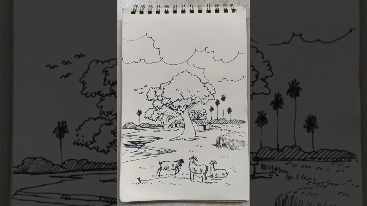 Beautiful Village Scene Drawing | Ink Pen Art 