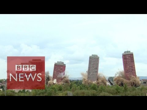 Glasgow tower blocks tumble in controlled explosion - BBC News - YouTube