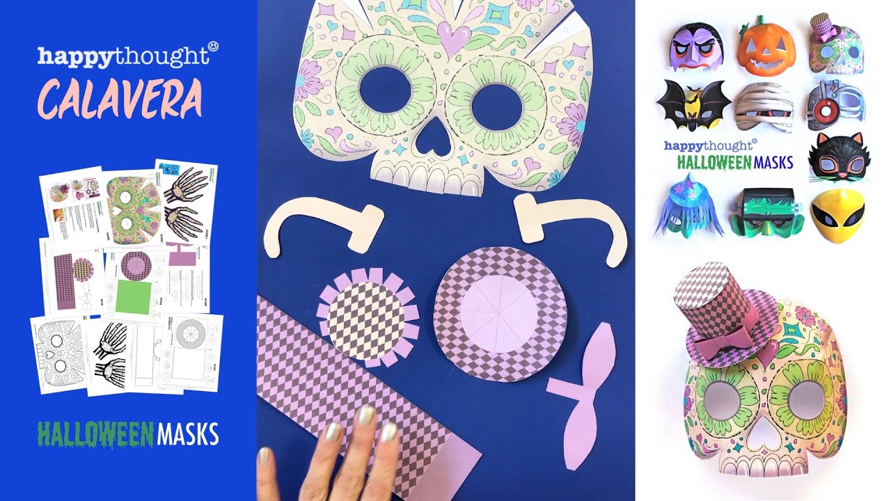Halloween paper mask template: Make a printable 3D paper Calavera mask + mini top hat • Happythought
