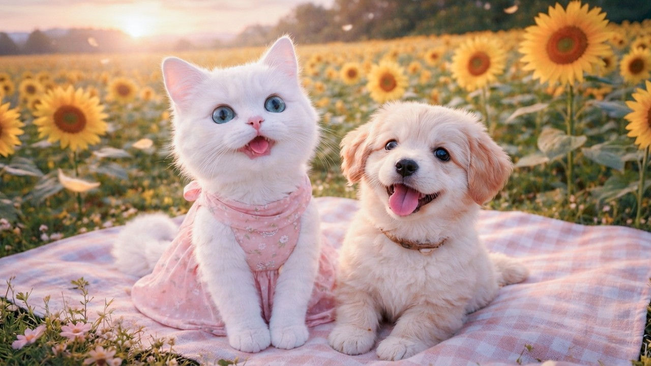 【ひまわり畑🌻】白猫ショガと子犬の夕日ピクニック🐾✨