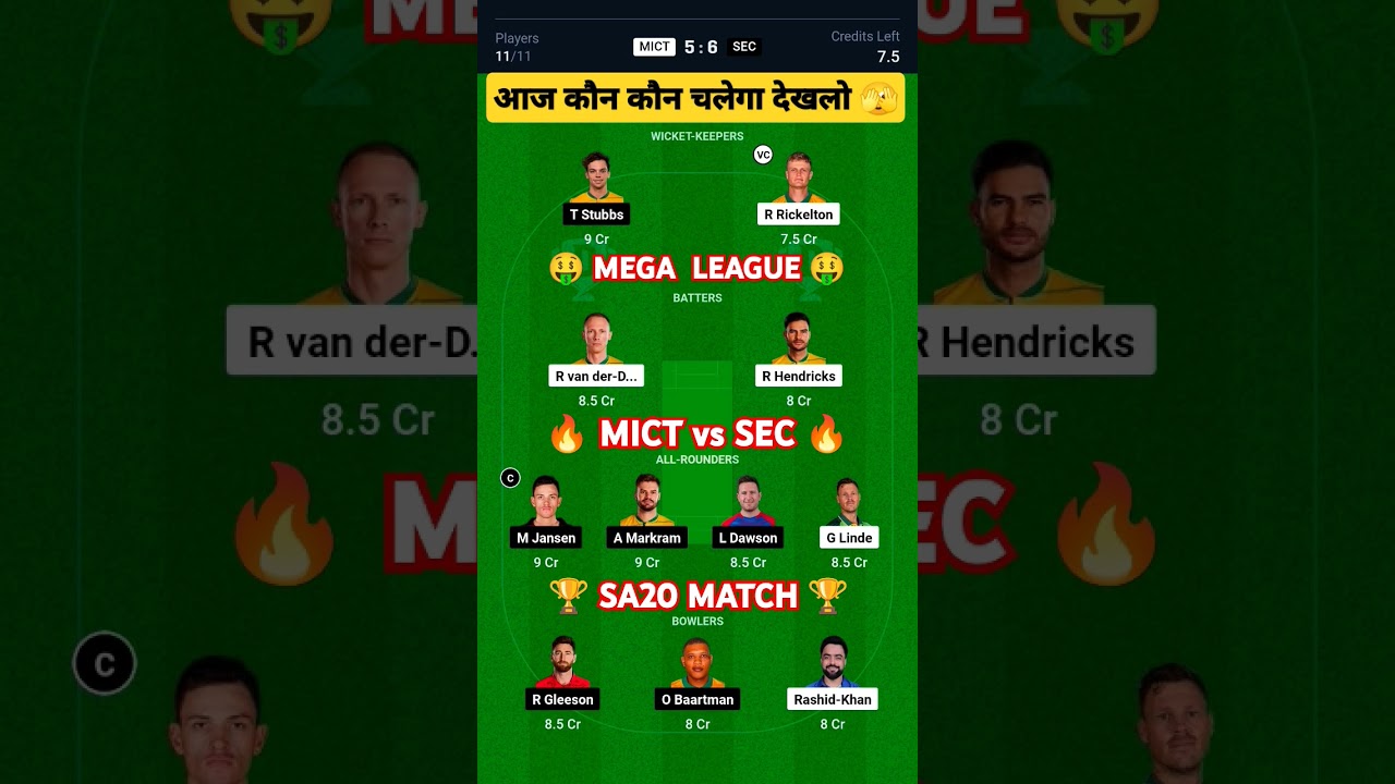 MICT vs SEC Dream11 Prediction, MI Cape Town vs Sunrisers Eastern Cape Dream11 Team Prediction, SA20