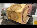 Amazing woodturning crazy  creative carpenter with mad skill at logging and working wood on a lathe