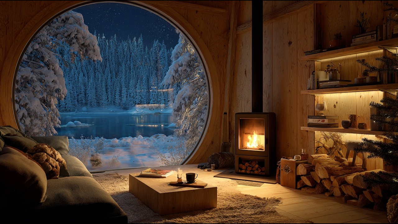 4K Cozy Cabin Fireplace 12 Hours 🔥 Winter Night Ambience