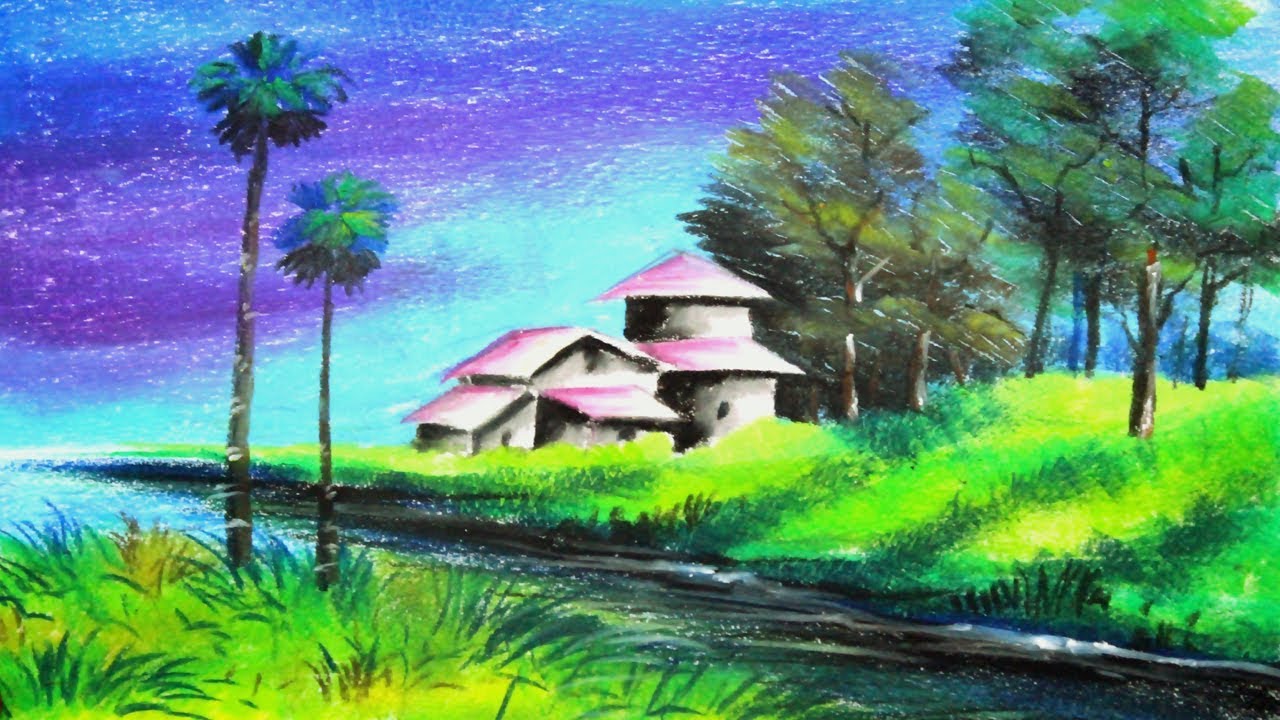 Oil Pastel Painting - Scenery Drawing of Nature - YouTube