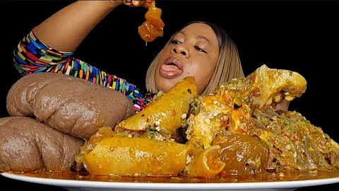 Asmr mukbang spicy assorted meat okra soup and brown fufu amala 