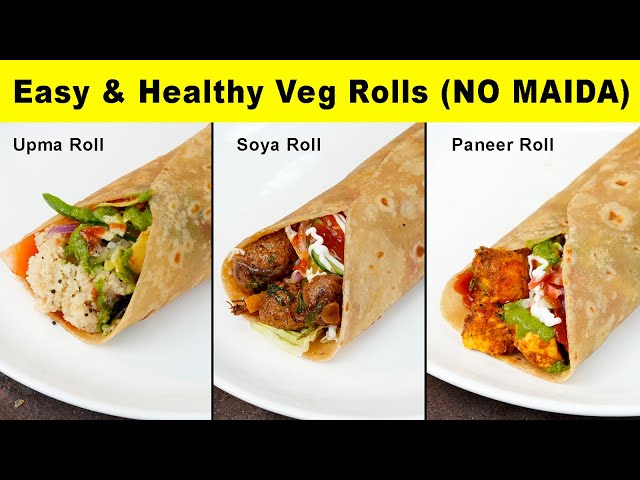 बिना मैदा के बनाए 3 आसान और झटपट वेज रोल | 3 Veg Roll Recipes | Tiffin u0026 Breakfast Rolls Part 1 class=