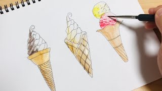 ペンと水彩色鉛筆で描く簡単なソフトクリームの絵の描き方 - YouTube