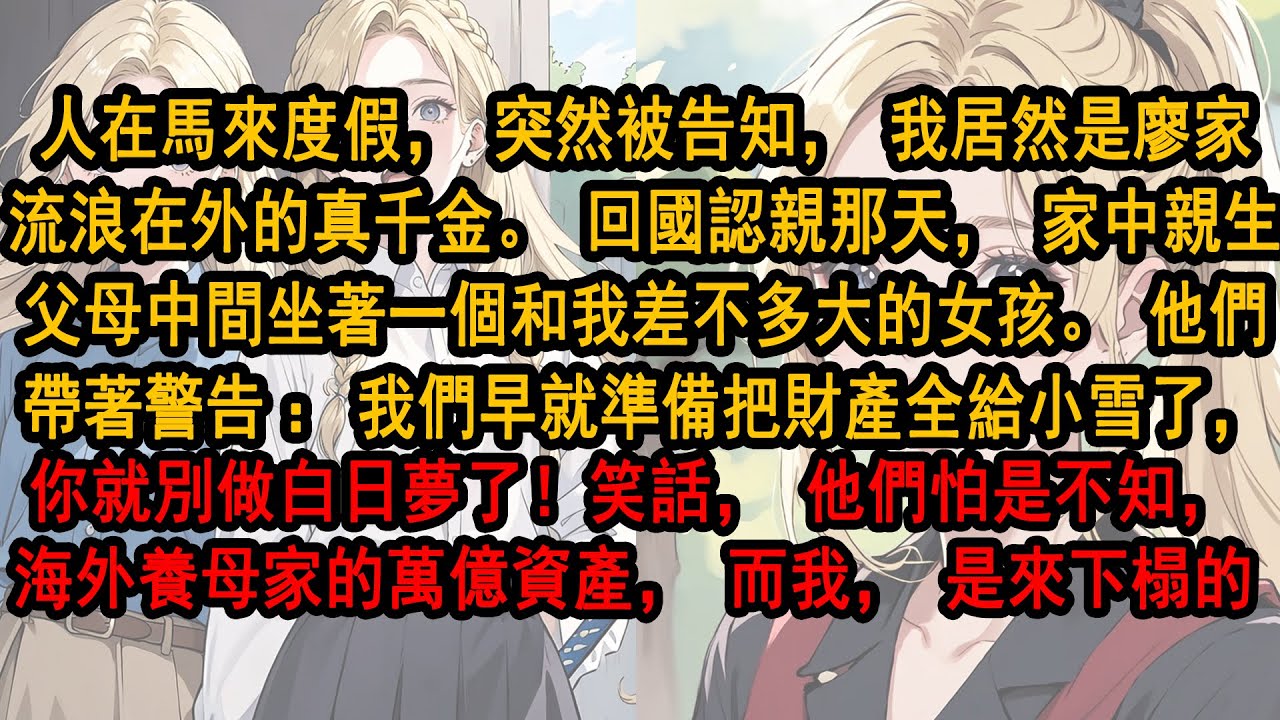 人在度假，突然被告知我竟是流浪在外真千金。認親那天親生父母中間坐著和我差不多大的女孩。他們帶著警告：我們早就準備把財產全給小雪了，你就別做白日夢了！笑話他們怕是不知，海外養母家的萬億資產而我是來下榻的