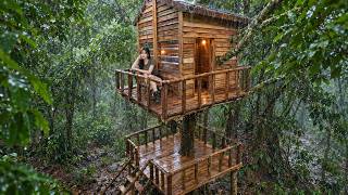 Building a Wooden Bushcraft Shelter on a Big Tree in the Wild | Rainy Season ASMR