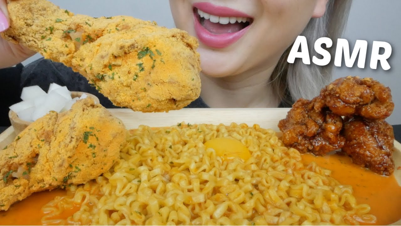 Samyang Buldak Cream Carbonara with SNOW CHEESE & Yangnyeom Korean Fried Chicken *No Talking | N.E