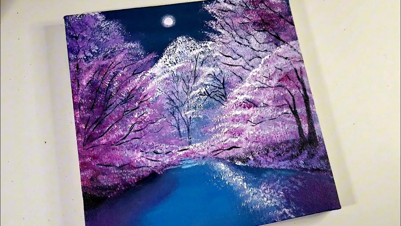 Moonlit Cherry Blossom Trees/Easy Acrylic Painting on Canvas - YouTube