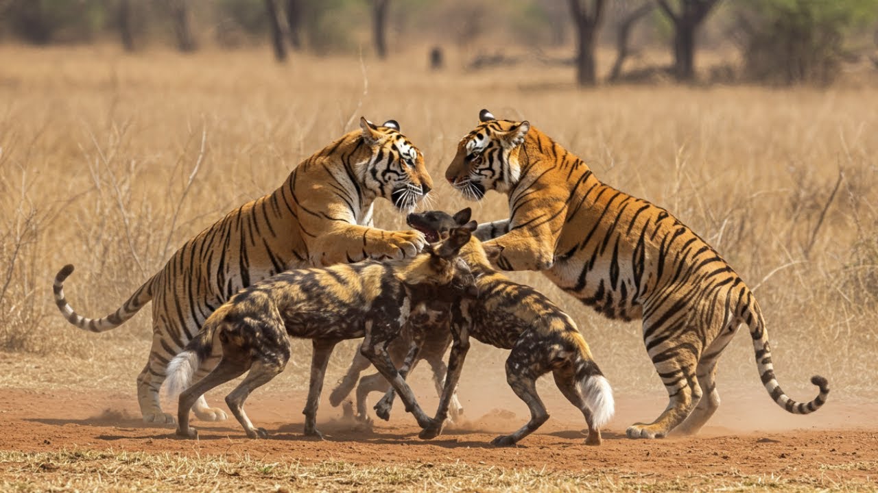 Group of Tigers vs Wild Dogs!