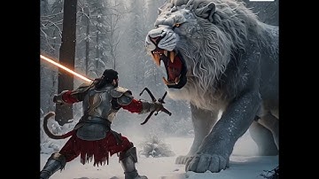 A snow lion fighting  with a  warrior#animation #graphicanimation#aftereffects #ai#digitalart