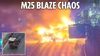 Lorry explodes into fireball on M25 after hitting debris & flipping over sparking massive closures