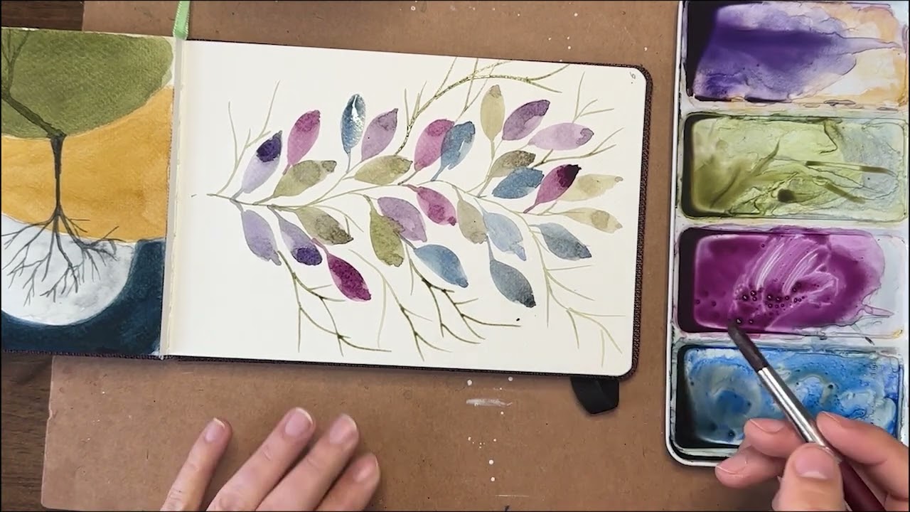 Акварельный журнал. День 9 (практика работы с разноцветными листьями)