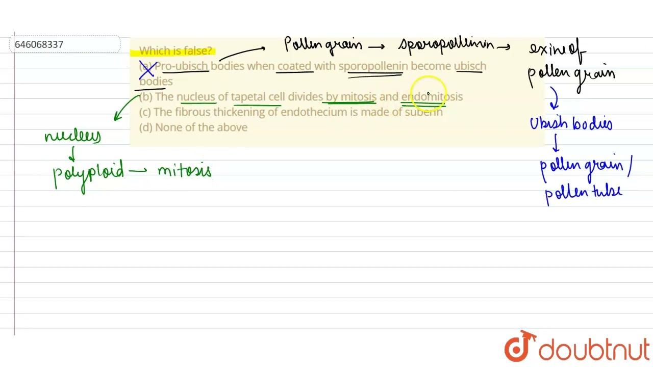 Which is false? (a) Pro-ubisch bodies when coated with sporopollenin become ubisch bodies \n\n(b...