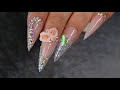 Long Stiletto Acrylic Nails | Iridescent Glass & 3d Acrylic Roses