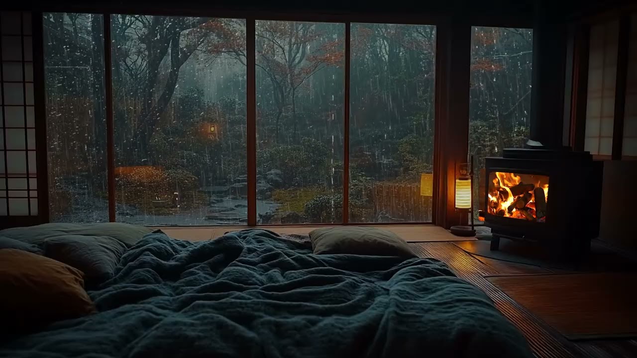Best Heavy Rain in Cozy Zen Garden Ryokan 🌧️ Warm Lantern & Rain on Window for Deep Sleep, Study