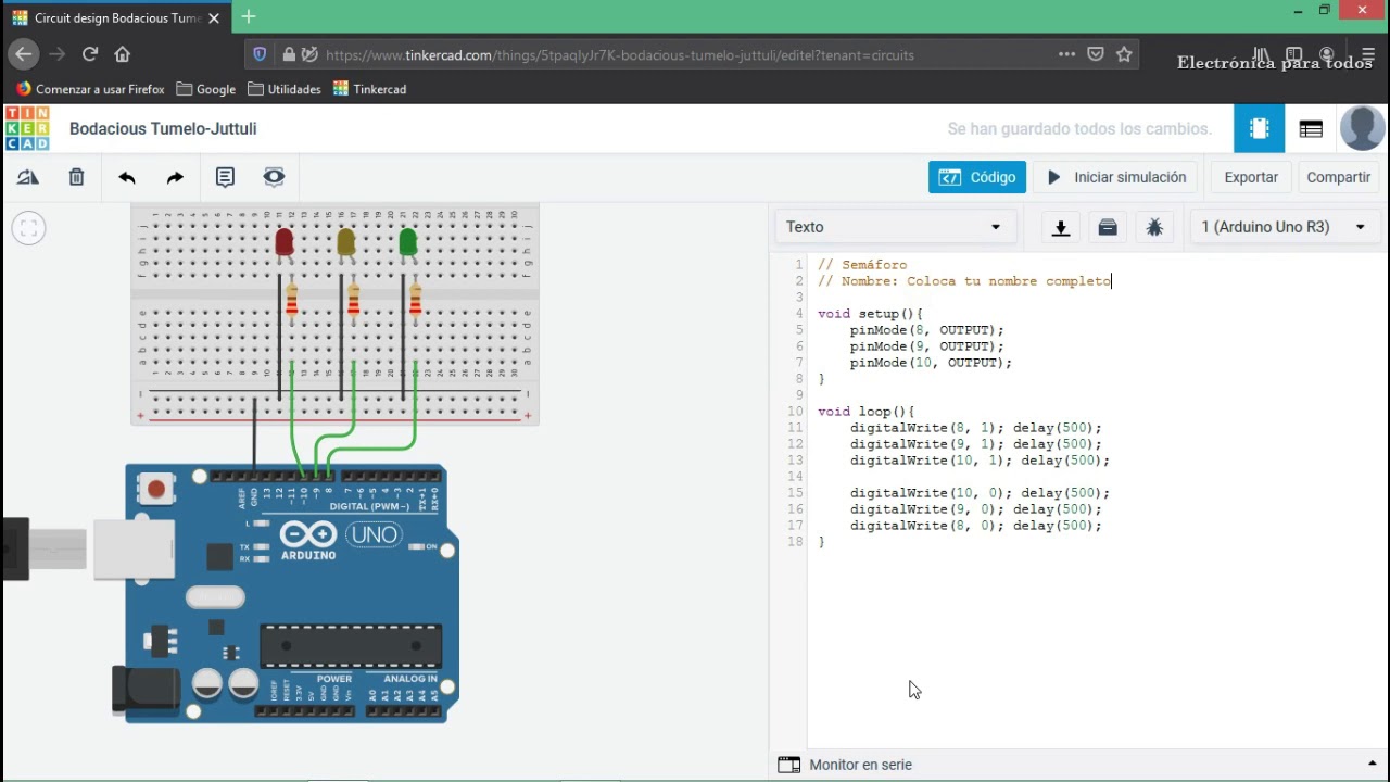 03 Ejercicio con 3 LED's simulación Arduino - YouTube