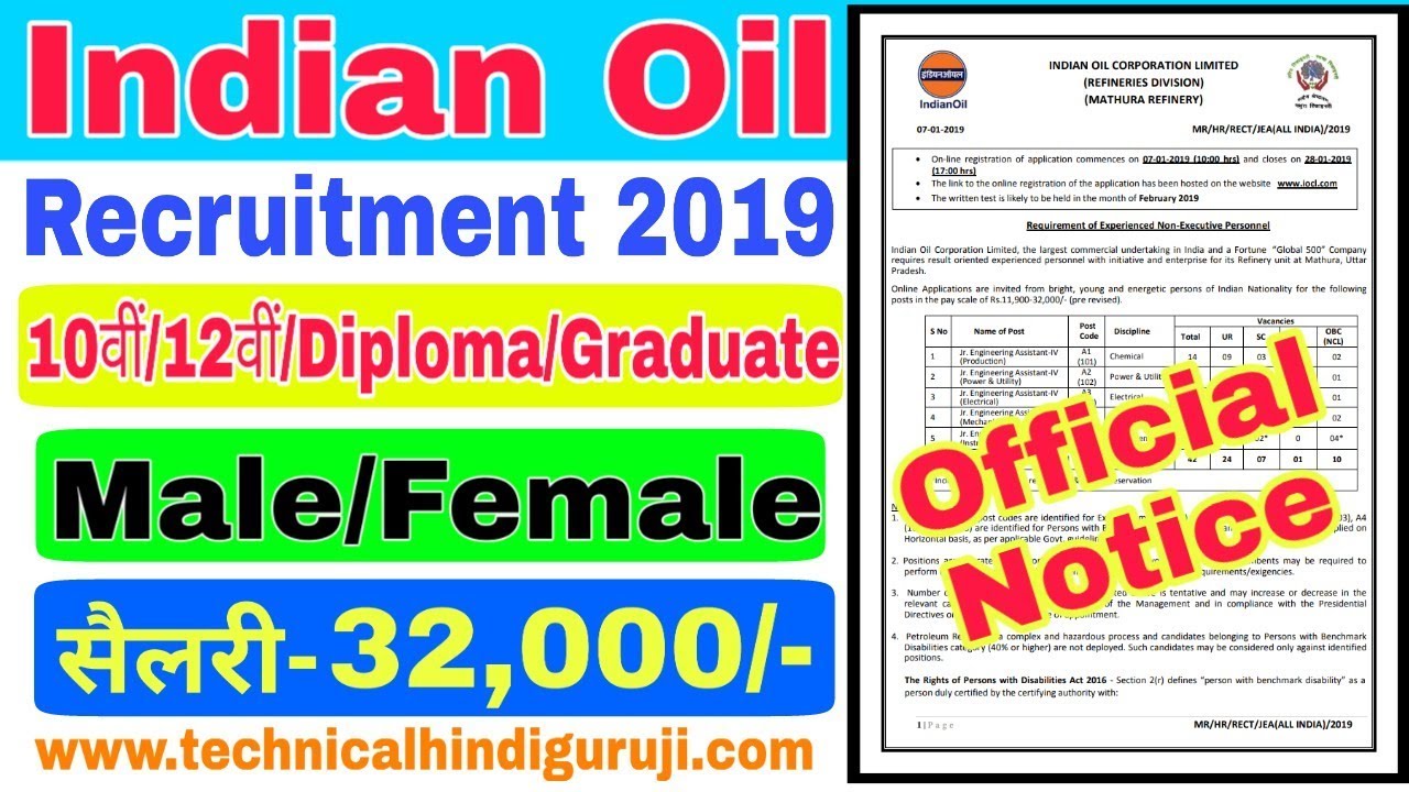 Indian Oil Corporation Ltd. IOCL Recruitment 2019 ||  Jr.Assistant Engineer | Executive Engineer