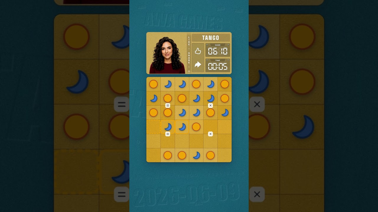 LinkedIn Tango #610 solved board for June 9, 2026, 6x6 grid