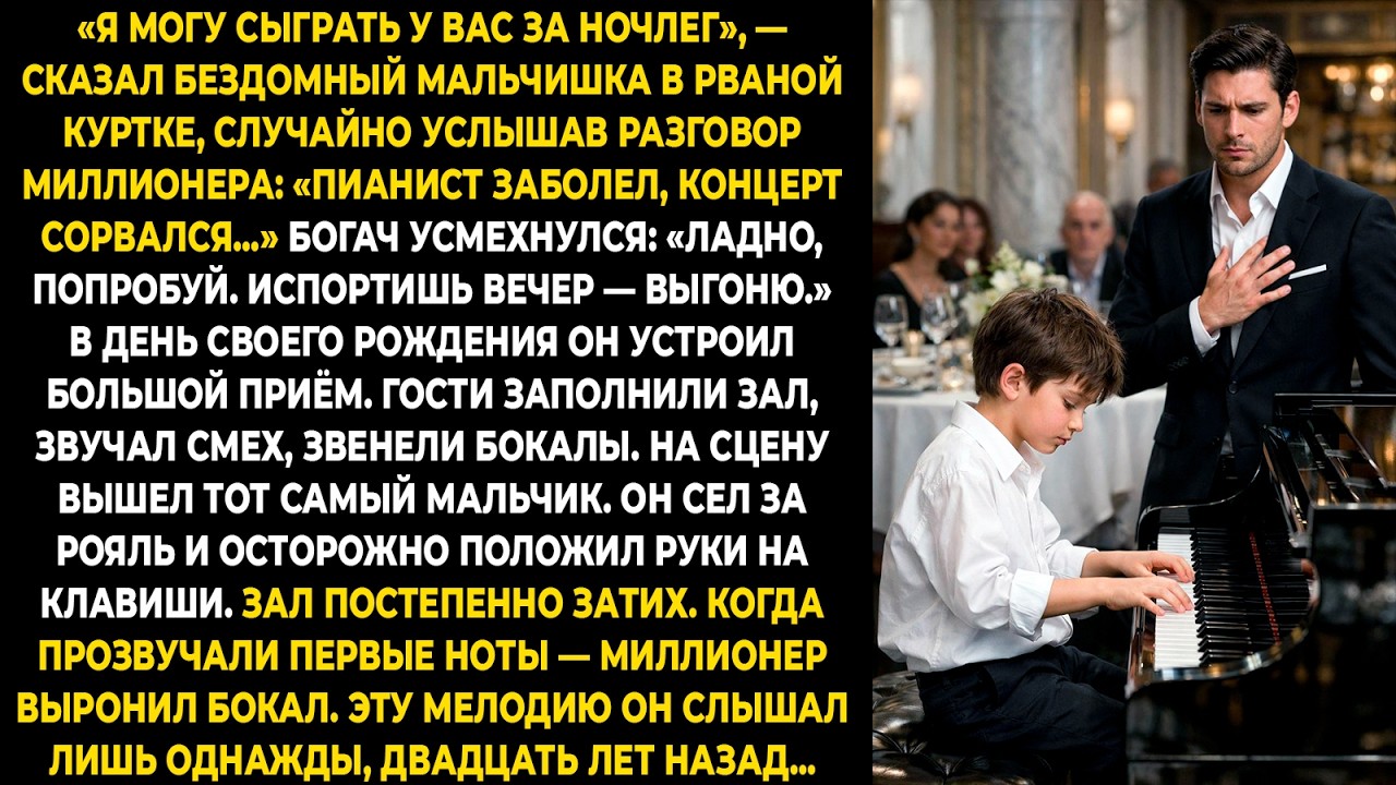 «Я могу сыграть у вас за ночлег», — сказал бездомный мальчишка в рваной куртке, случайно услышав ...