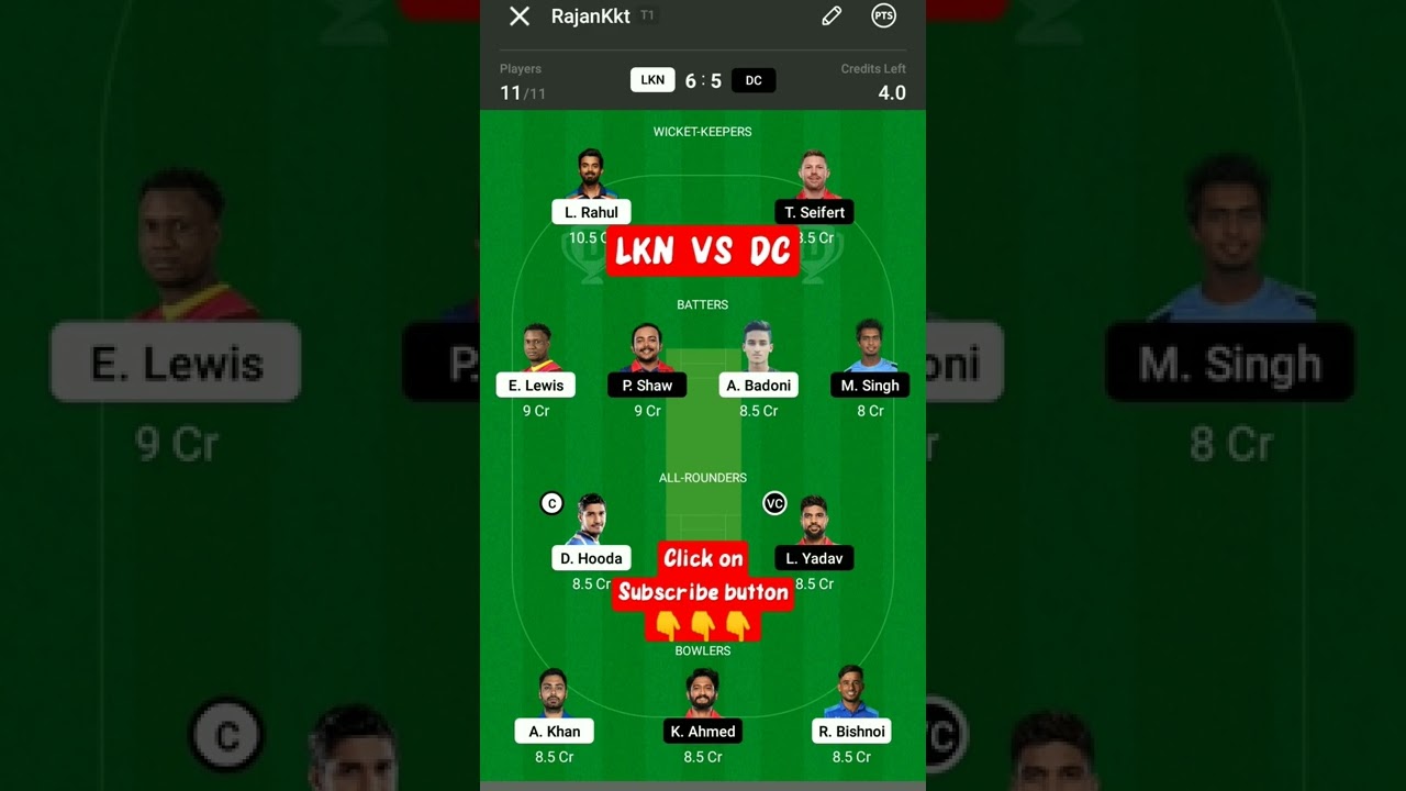 LKN  VS  DC  DREAM 11  TEAM  PREDICTION | LSG  VS  DC