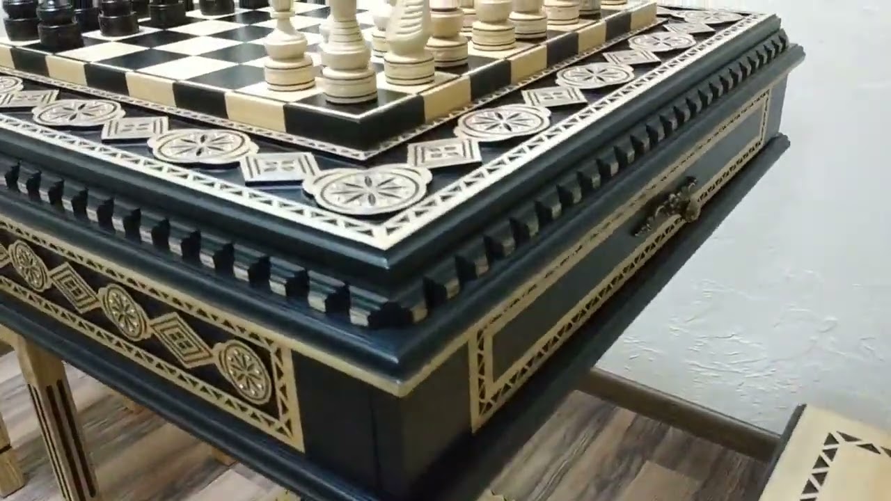 Black Ash Wood Chess Table With Storage Stools   isimContent