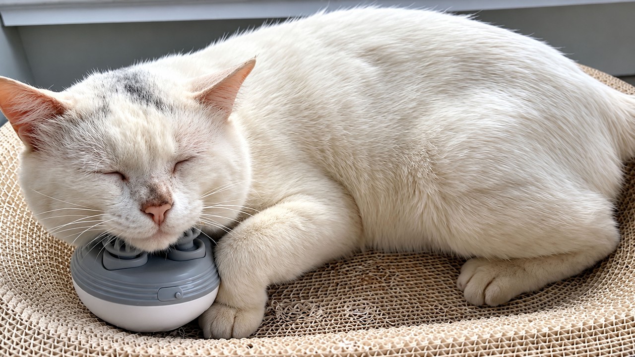 White Cat Relaxes on Scratcher With Head on Massager